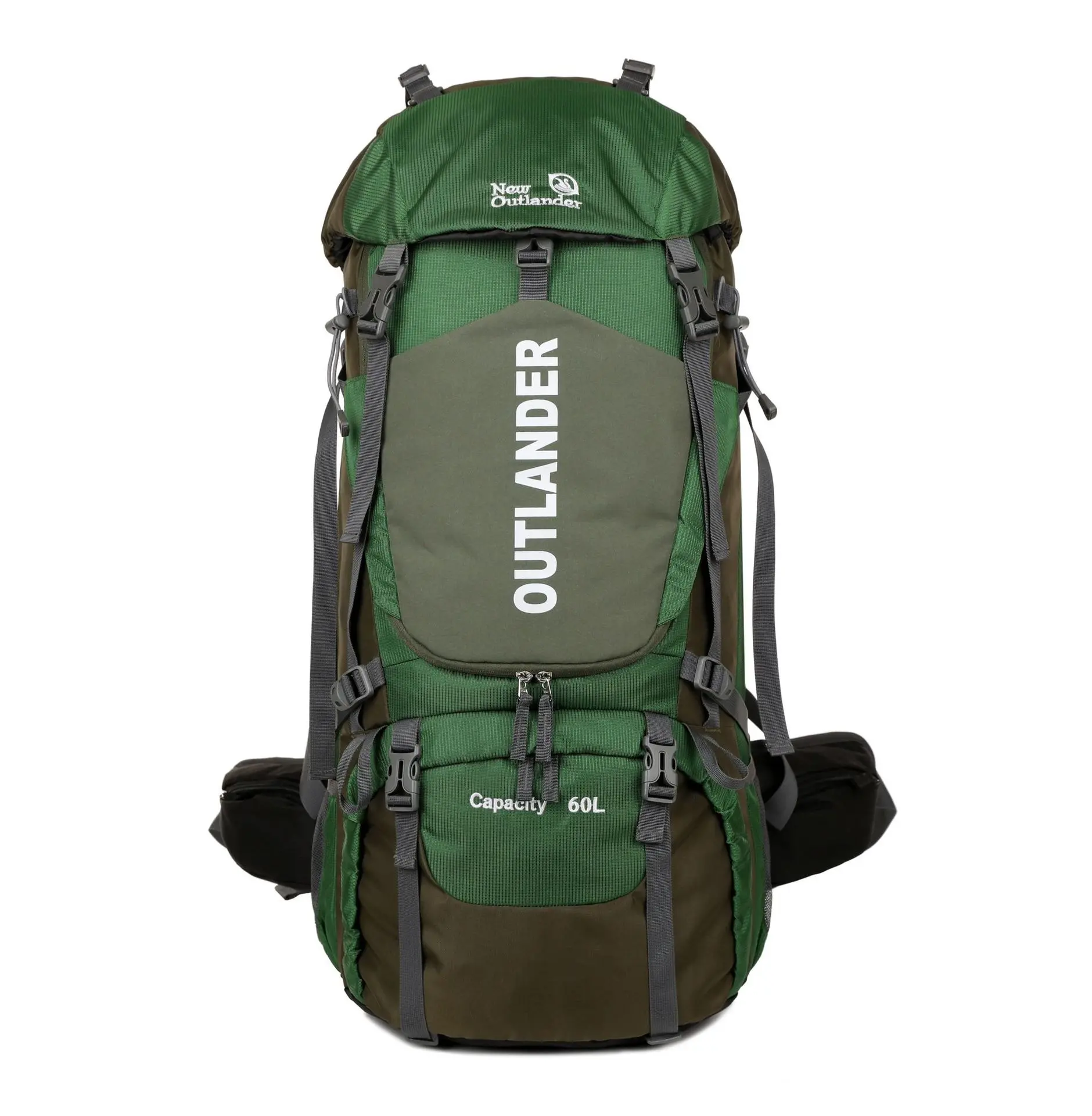 Picture of New Outlander 60L black hiking backpack with red accents and multiple compartments.