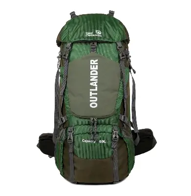 Picture of New Outlander 60L black hiking backpack with red accents and multiple compartments.