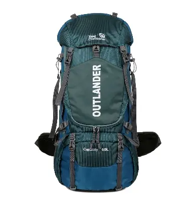 Picture of New Outlander 60L black hiking backpack with red accents and multiple compartments.