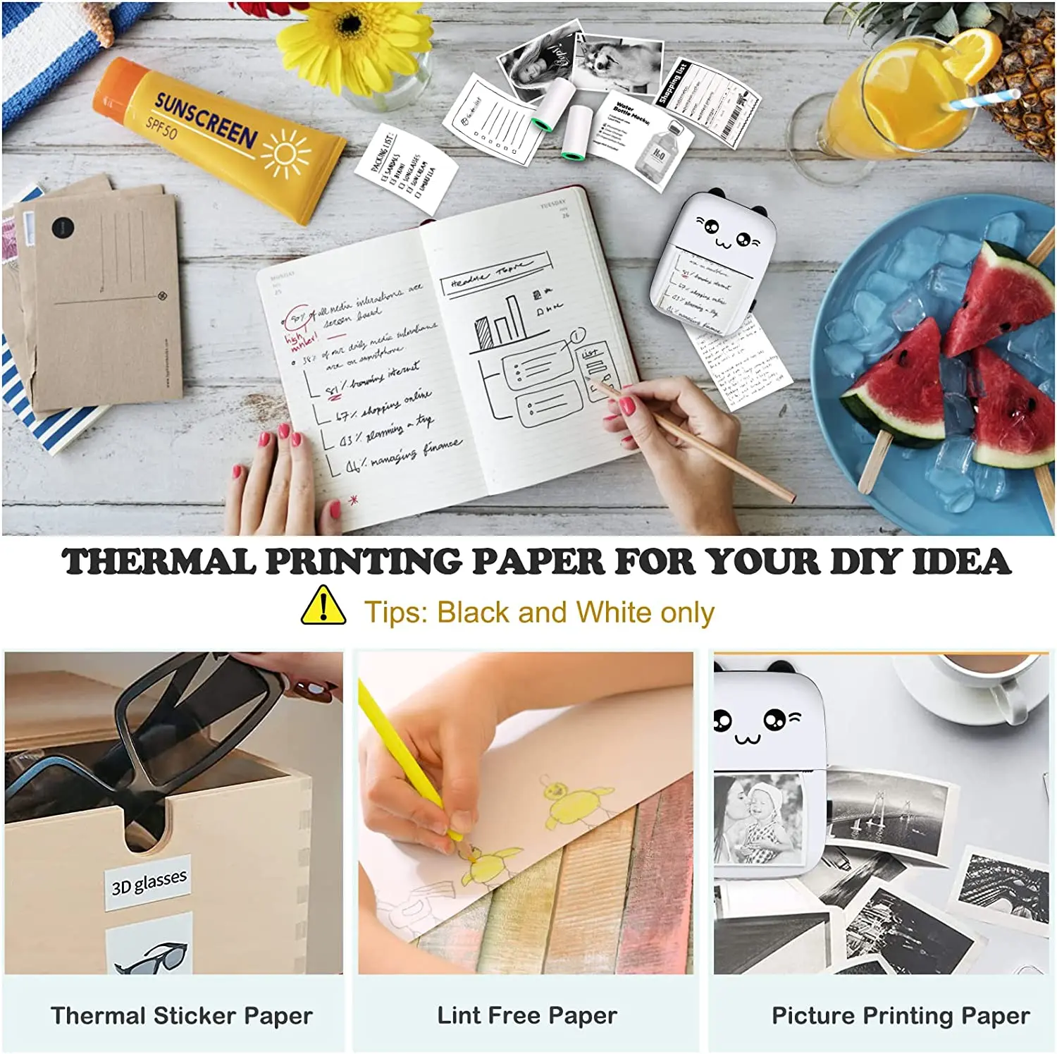 Picture of 57mm*30mm Thermal Printer Paper For Mini Portable Printer - Sticker Paper Roll / Normal color Roll /Thermal Paper/ Semi Transparent Print Paper/Pink Powder Paper etc (Optional)