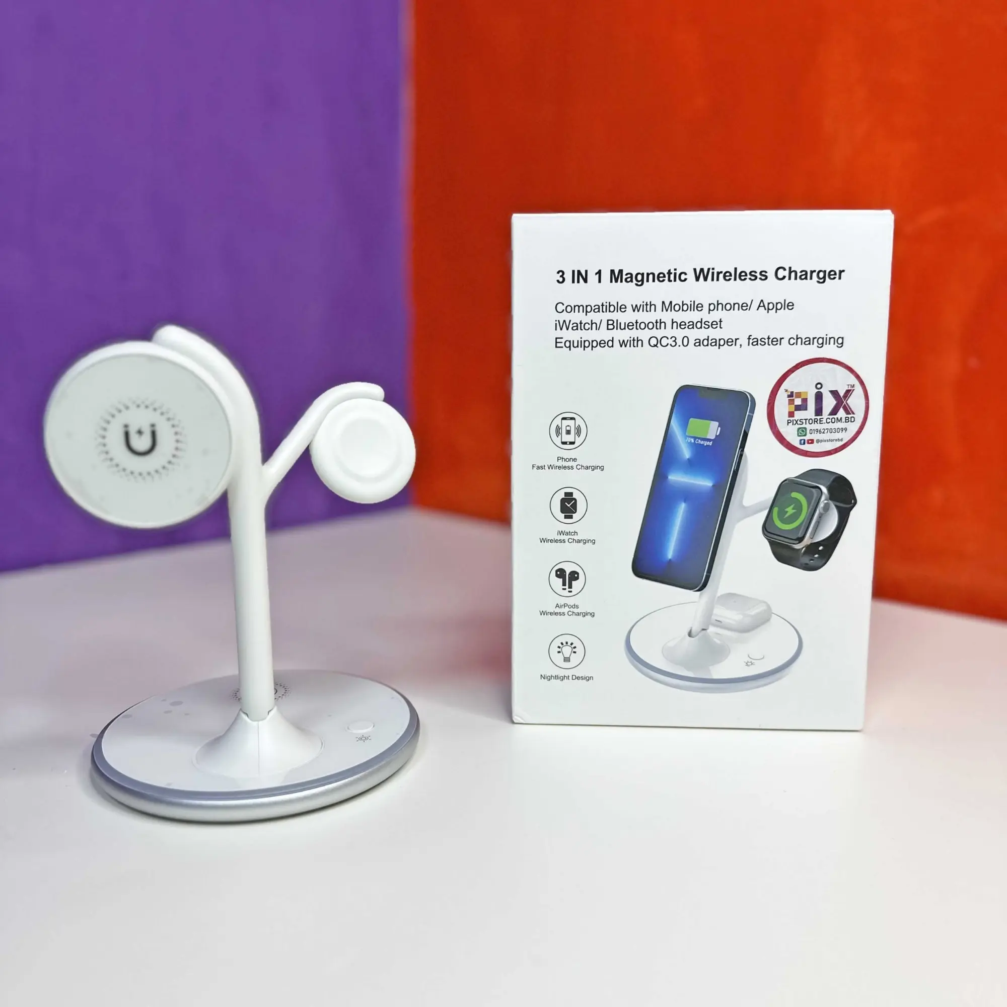 Picture of Pix X516 Magnetic Wireless Charger ( Alloy Foldable )-3 in 1 Magnetic 15W Fast Charging  Stand for iPhone/Samsung/Oneplus/Pixel etc Type-C Holder for iPhone Watches Airpods