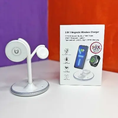 Picture of Pix X516 Magnetic Wireless Charger ( Alloy Foldable )-3 in 1 Magnetic 15W Fast Charging  Stand for iPhone/Samsung/Oneplus/Pixel etc Type-C Holder for iPhone Watches Airpods
