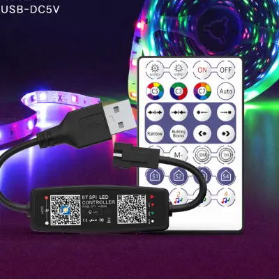 Picture of Pix Programmable RGB 5050 2812IC LED Lights 60LED/144 Led/M 1LED/Cut Colorful LED Strip Lights -5M USB 5V Bluetooth APP Music Function Control Lamp With Remote RGB Light App Control Addressable SPI Mini Pixel LED Controller for Dream Colorful Strip