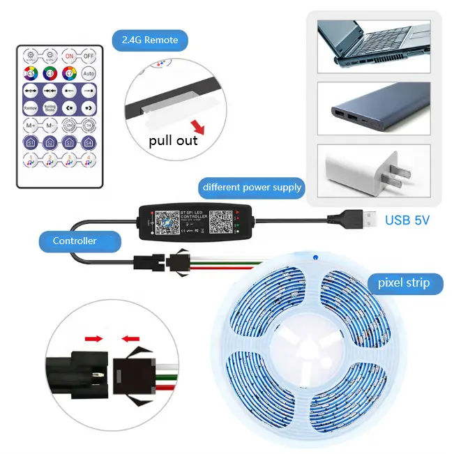 Picture of Pix Programmable RGB 5050 2812IC LED Lights 60LED/144 Led/M 1LED/Cut Colorful LED Strip Lights -5M USB 5V Bluetooth APP Music Function Control Lamp With Remote RGB Light App Control Addressable SPI Mini Pixel LED Controller for Dream Colorful Strip