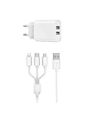Picture of WIWU Wi-U003 Dual USB Charger with 3 in 1 USB Charging Data Cable Set, EU Plug-Wiwu High Quality Fast Charger Dual USB charger with 3 in 1 cable for Mobile Phone