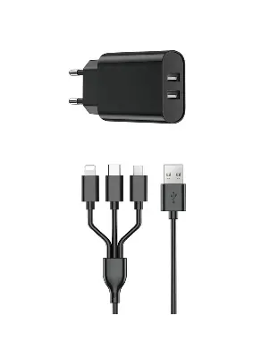 Picture of WIWU Wi-U003 Dual USB Charger with 3 in 1 USB Charging Data Cable Set, EU Plug-Wiwu High Quality Fast Charger Dual USB charger with 3 in 1 cable for Mobile Phone