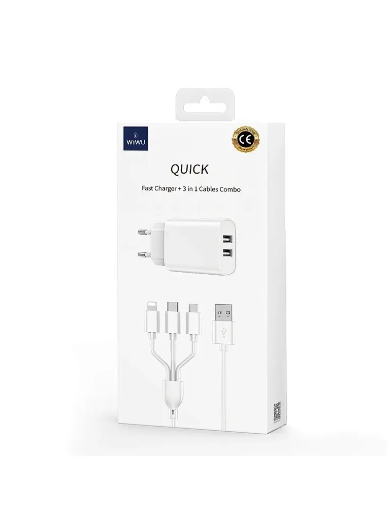 Picture of WIWU Wi-U003 Dual USB Charger with 3 in 1 USB Charging Data Cable Set, EU Plug-Wiwu High Quality Fast Charger Dual USB charger with 3 in 1 cable for Mobile Phone