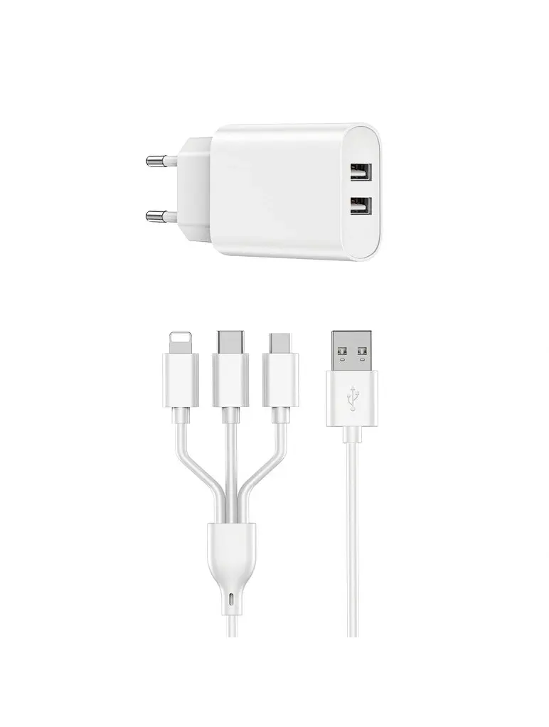 Picture of WIWU Wi-U003 Dual USB Charger with 3 in 1 USB Charging Data Cable Set, EU Plug-Wiwu High Quality Fast Charger Dual USB charger with 3 in 1 cable for Mobile Phone
