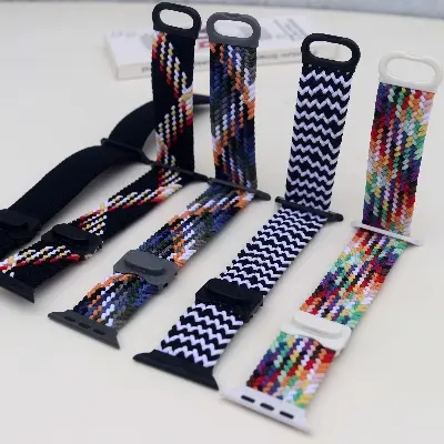 Picture of Pix Apple Watch Button Style Elastic Strap-Nylon Elastic Strap for 42/44/45/49mm-Colorful Braided Nylon Elastic Woven Loop Watch Strap Plastic Button Lock-Replacement Band For Apple Watch