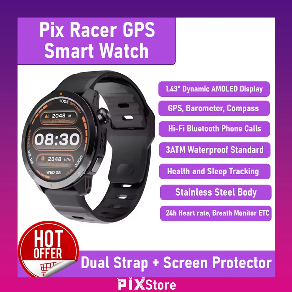 Picture of Pix Racer GP.S AMOLED Screen Smart Watch- Pix Racer Built-in G.PS 3ATM Waterproof 1.43" Dynamic AMOLED HD Screen Bluetooth Call NFC Health Monitoring Smartwatch- Premium Quality AMOLED Screen Smart Watch For Android And IOS Supported (Black Color)