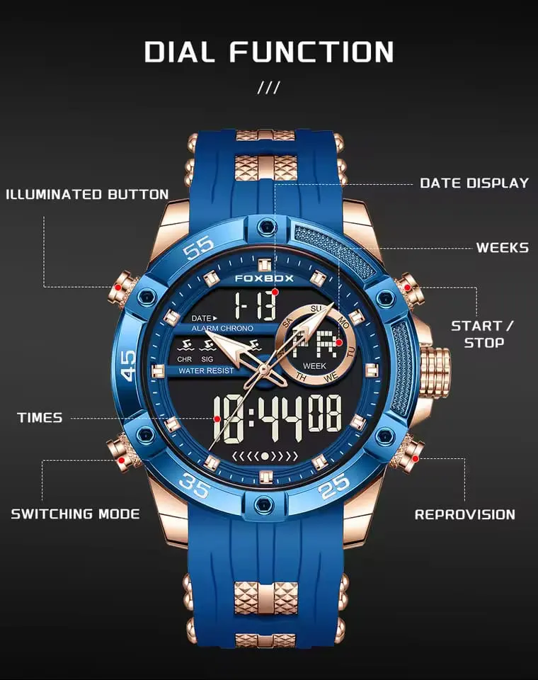 Picture of FOXBOX dual display quartz LED Military Watches for Men Fashion Alarm Wristwatch Waterproof Quartz Big Clock Digital Male Watch