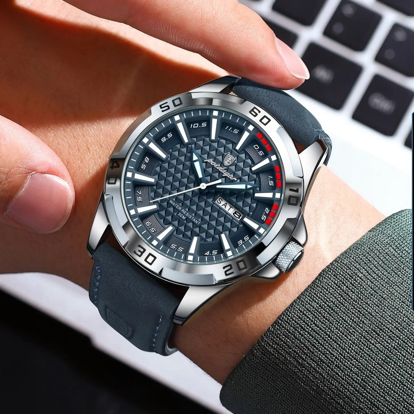 Picture of Poedagar 895 Quartz 3ATM Deep Waterproof Leather Strap Man Date Week Calendar Fashion Luminous Hands Business Men's Wristwatch