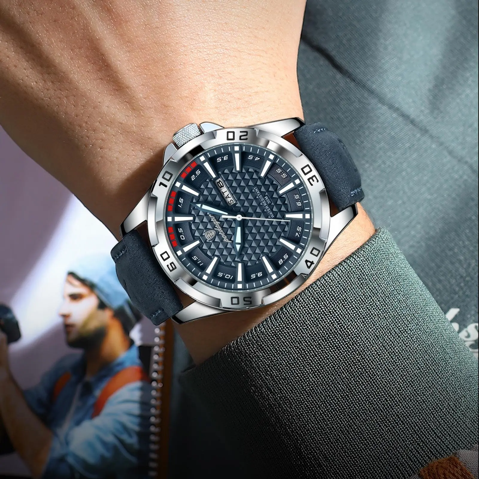 Picture of Poedagar 895 Quartz 3ATM Deep Waterproof Leather Strap Man Date Week Calendar Fashion Luminous Hands Business Men's Wristwatch