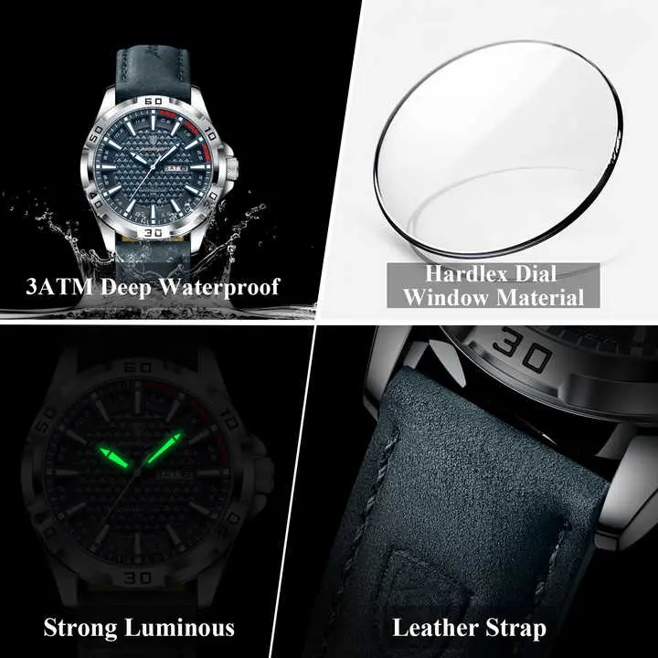 Picture of Poedagar 895 Quartz 3ATM Deep Waterproof Leather Strap Man Date Week Calendar Fashion Luminous Hands Business Men's Wristwatch