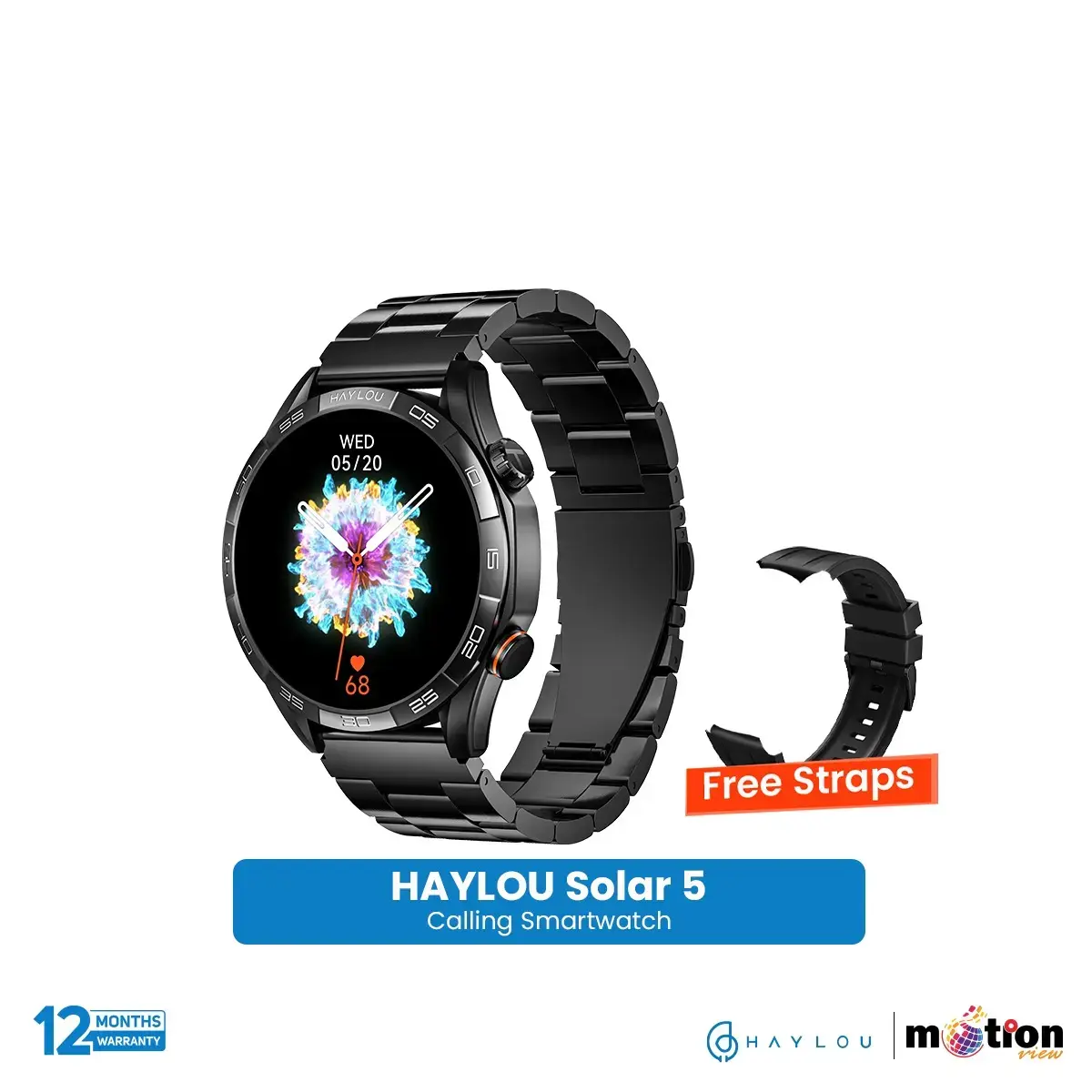 Picture of Haylou Solar 5 1.58" AMOLED Display BT Calling Smart Watch ( Metallic + Silicone ) Strap - Black