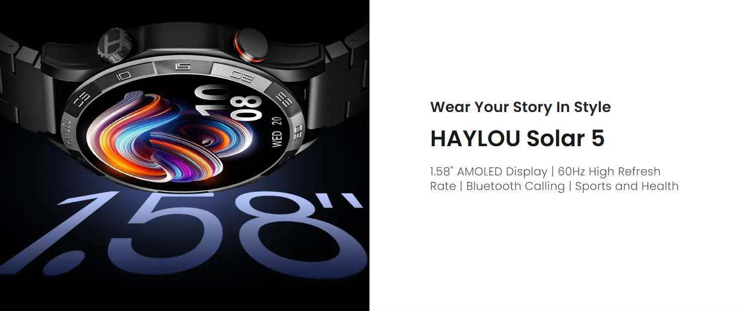Picture of Haylou Solar 5 1.58" AMOLED Display BT Calling Smart Watch ( Metallic + Silicone ) Strap - Black