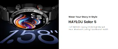 Picture of Haylou Solar 5 1.58" AMOLED Display BT Calling Smart Watch ( Metallic + Silicone ) Strap - Black