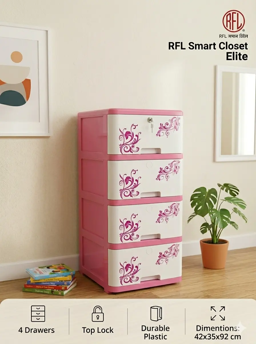 Picture of RFL Smart Closet 4 Drawer Elite - Pink & White (42x35x74 cm)