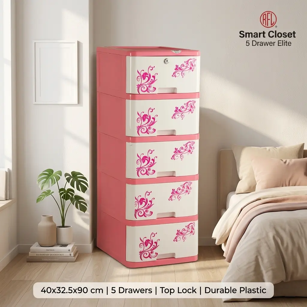 Picture of RFL Smart Closet 5 Drawer Elite - Pink & White (40x32.5x90 cm)