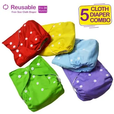 Picture of Washable Reusable Cloth Baby Diaper ( Combo 5 Diaper with 5 pad 3 Layer ) Multicolor