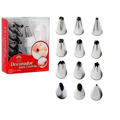 Picture of 12 Piece Cake Decorating Set Frosting Icing Piping Bag Tips with Steel Nozzles. Reusable & Washable Multicolor