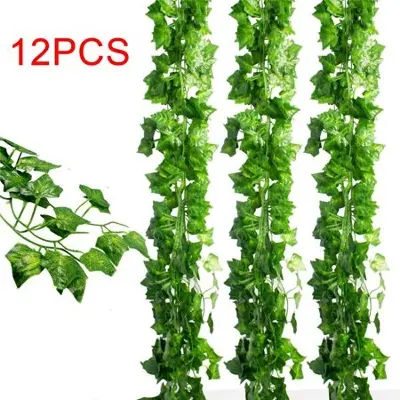 Picture of Artificial Flowers Silk Fake Ivy Leaves Greenery Hanging Vine Ivy Plants Leaf Garland for Wedding Party Garden Home Wall Decor- 12 Pcs - Home Decoration Item Green
