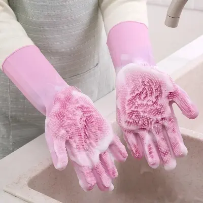 Picture of Silicone Dish Washing Kitchen Hand Gloves 2pcs Multicolor