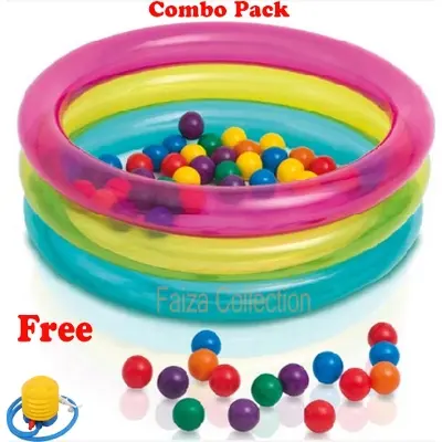 Picture of 34x10 " Intex Baby Bath Tub Baby Swimming Pool with Pumper and Plastic Water Pool Ocean Ball -20 Pcs (Combo Pack) Multicolor