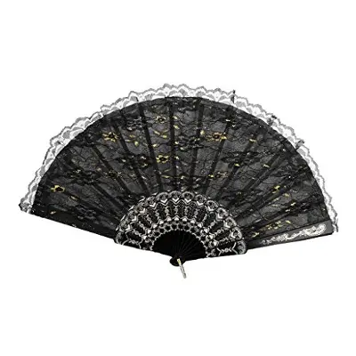 Picture of Chinese Hand Held Folding Fan Flower Pattern Side Lace Black