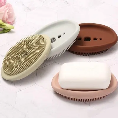 Picture of Multifunctional Silicone Soap Box With Brush Kitchen Bathroom Cleaning Brush Soap Dish Sheet Drain Multicolor