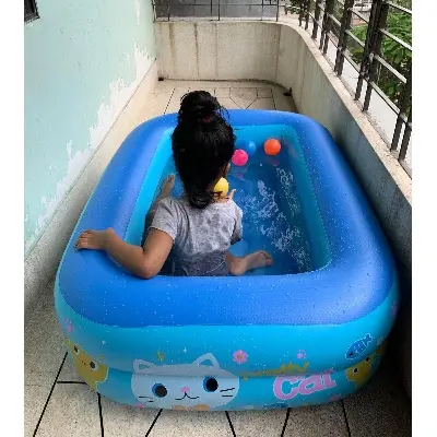 Picture of Kids inflatable Swimming Pool High Quality Child Home Use Paddling Bathtub Large Size Inflatable Bubble Bottom Square Swimming Pool For Baby Bath and Play with Pumper Multicolor