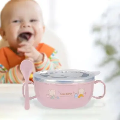 Picture of Cimiva Smart Stainless Steel Cartoon Feeding Bowl with Handles and Spoon for Baby-Random Color Multicolor