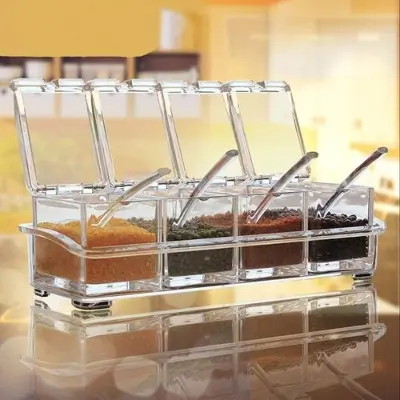 Picture of 4 Grid Acrylic Seasoning Spice Box Kit with Spoon Kitchen Masala Container Seasoning Organizers Crystal Spice Box, For Kitchen Acrylic