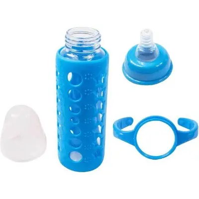 Picture of 240 ml Glass Baby Feeding Bottle Feeder with Handles and Silicone Cover Multicolor