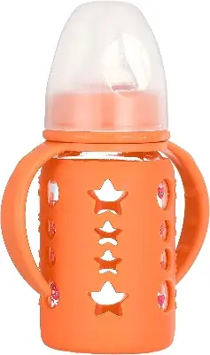 Picture of 120 ml Little Fish Glass Baby Bottle with Handles and Silicone Cover Multicolor