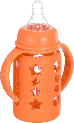 Picture of 120 ml Little Fish Glass Baby Bottle with Handles and Silicone Cover Multicolor