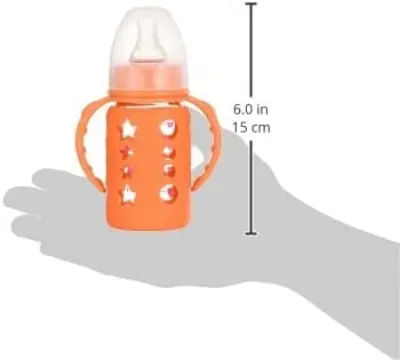 Picture of 120 ml Little Fish Glass Baby Bottle with Handles and Silicone Cover Multicolor