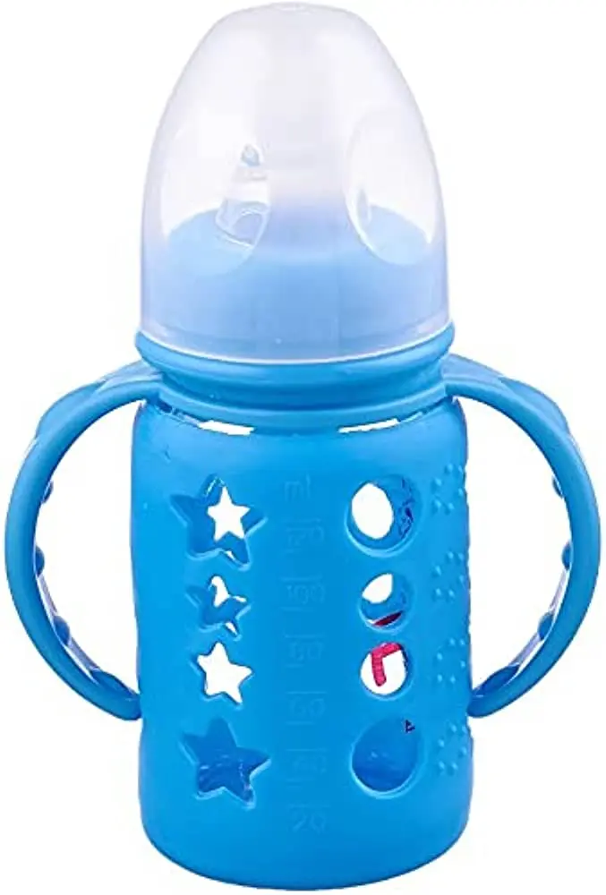 Picture of 120 ml Little Fish Glass Baby Bottle with Handles and Silicone Cover Multicolor