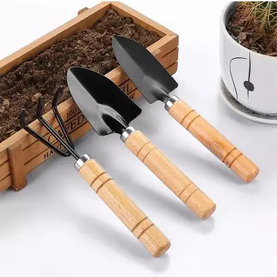 Picture of 3pcs Mini Garden Shovel Rake Spade Erramientas Bonsai Tools Set Wooden Handle For Flowers Potted Plant Multicolor