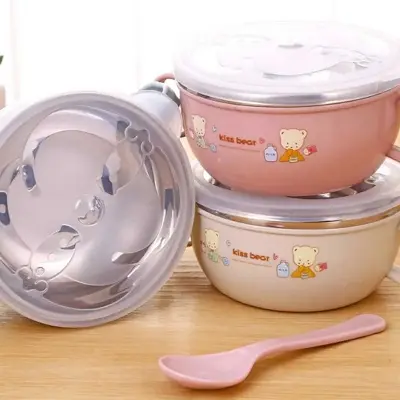 Picture of Baby Stainless Steel Feeding Bowl Spoon Set Thermal Insulation Bowl with Cover Handle Anti Falling Tablet Ware Children's Training Feeding Bowl Multicolor