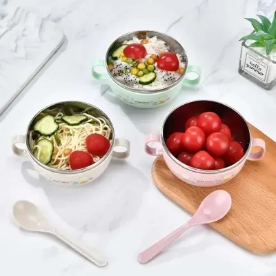 Picture of Baby Stainless Steel Feeding Bowl Spoon Set Thermal Insulation Bowl with Cover Handle Anti Falling Tablet Ware Children's Training Feeding Bowl Multicolor