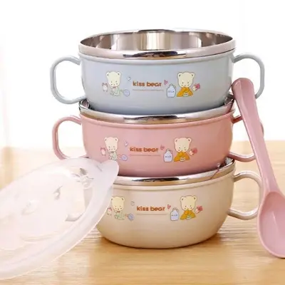 Picture of Baby Stainless Steel Feeding Bowl Spoon Set Thermal Insulation Bowl with Cover Handle Anti Falling Tablet Ware Children's Training Feeding Bowl Multicolor
