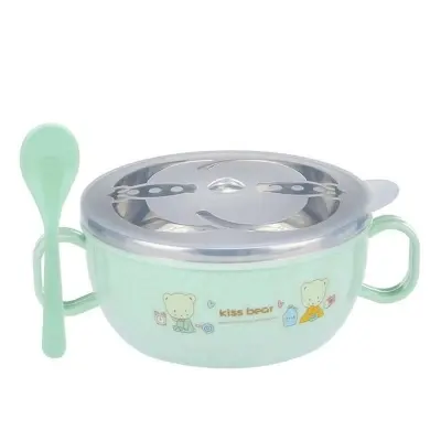 Picture of Baby Stainless Steel Feeding Bowl Spoon Set Thermal Insulation Bowl with Cover Handle Anti Falling Tablet Ware Children's Training Feeding Bowl Multicolor