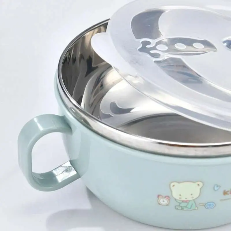 Picture of Baby Stainless Steel Feeding Bowl Spoon Set Thermal Insulation Bowl with Cover Handle Anti Falling Tablet Ware Children's Training Feeding Bowl Multicolor