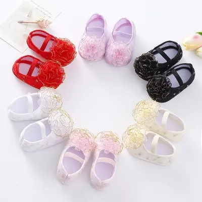 Picture of New Design Baby Girls Flowers Shoe Bowknot Applique Prewalker Soft Sole Single Shoes Newborn Toddler Princess Dress Shoes No-Slip First Walkers