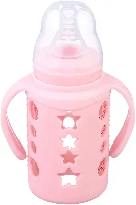 Picture of 120 ml Medium age Babies Glass Feeding Bottle Milk Water Pacifier Cup BPA-Free Rubber Sleeve Insulation Portable Toddler Feeder Multicolor
