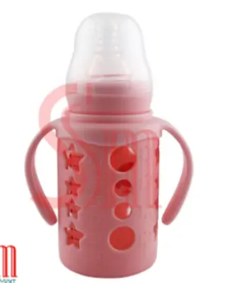 Picture of 120 ml Medium age Babies Glass Feeding Bottle Milk Water Pacifier Cup BPA-Free Rubber Sleeve Insulation Portable Toddler Feeder Multicolor