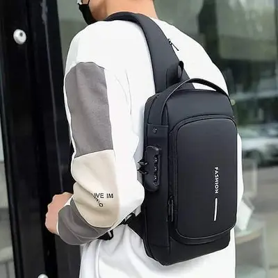 Picture of USB Charging Men Multifunction PU Chest Bag Sport Sling Bag Male Anti-theft Chest Bag with Password Lock with Adjustable Shoulde Black