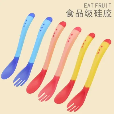 Picture of Baby Temperature Sensing silicone Spoon and Fork for Safety Feeding Spoon + Fork set For Baby Heat Sensing 