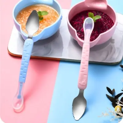 Picture of 2 In 1 Children's Baby Feeding Spoon Baby Scraper Apple Puree Spoon Set Complementary Food Scraper Double-headed Stainless Steel Fruit Puree Tool